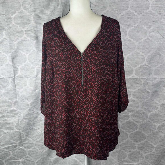 Avenue Studio Black Red Micro Print Blouse Front Zip V-Neck 3/4 Sleeve Size 20 - Picture 1 of 8